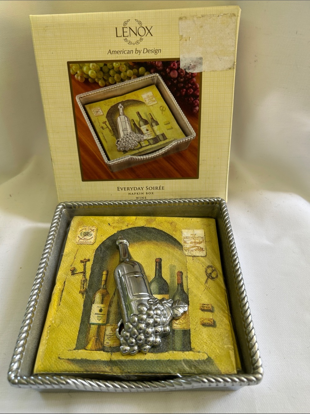 Lenox Yellow Wine-Themed Napkin Box with Silver-Tone Bottle Accent